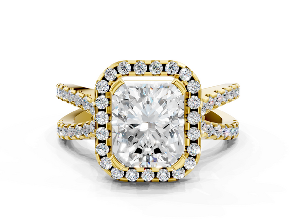 Yellow gold Radiant Cut Diamond Halo Ring with Split Shank Pavé Band and Prong Setting