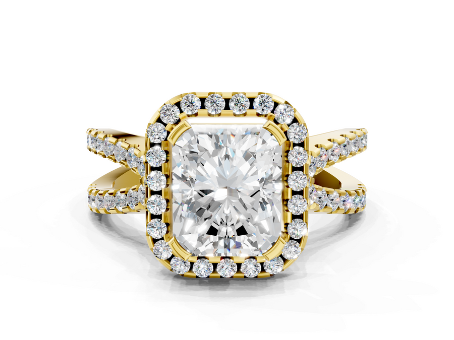 Yellow gold Radiant Cut Diamond Halo Ring with Split Shank Pavé Band and Prong Setting