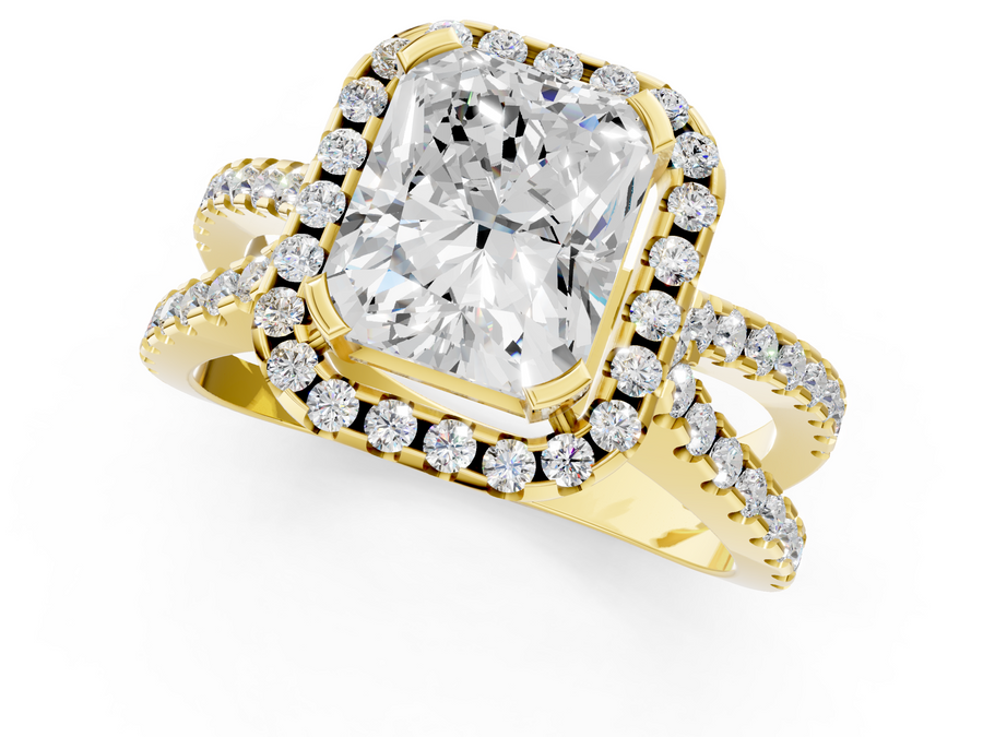 Yellow gold Radiant Cut Diamond Halo Ring with Split Shank Pavé Band and Prong Setting