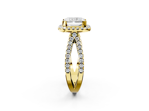 Yellow gold Radiant Cut Diamond Halo Ring with Split Shank Pavé Band and Prong Setting