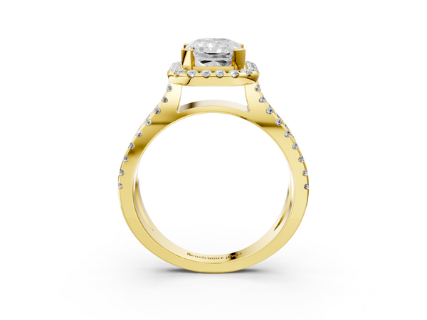 Yellow gold Radiant Cut Diamond Halo Ring with Split Shank Pavé Band and Prong Setting