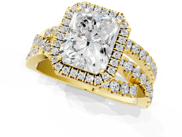 Yellow gold Radiant Cut Diamond Halo Ring with Round Split Shank and Prong Setting