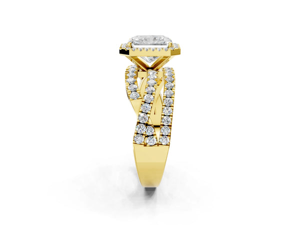 Yellow gold Radiant Cut Diamond Halo Ring with Round Split Shank and Prong Setting