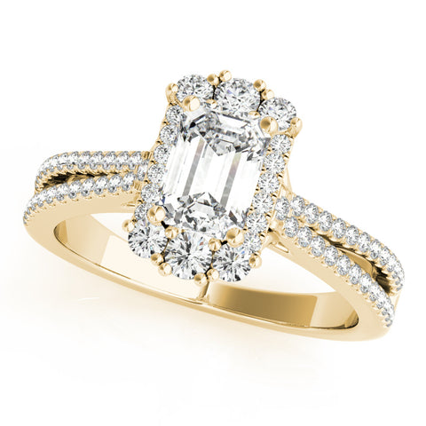 Yellow gold Radiant Cut Halo Split Shank Ring with Prong Setting 1