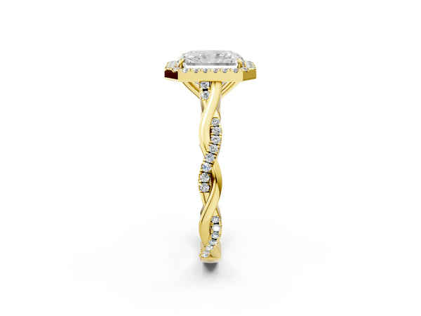 Yellow gold Radiant Cut Halo Twist Band with Four-Prong Setting