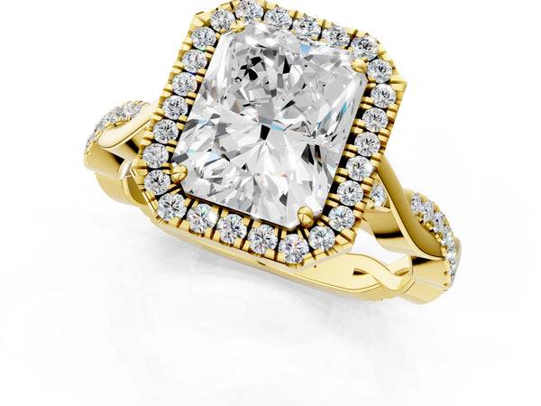 Yellow gold Radiant Cut Halo Twist Band with Four-Prong Setting