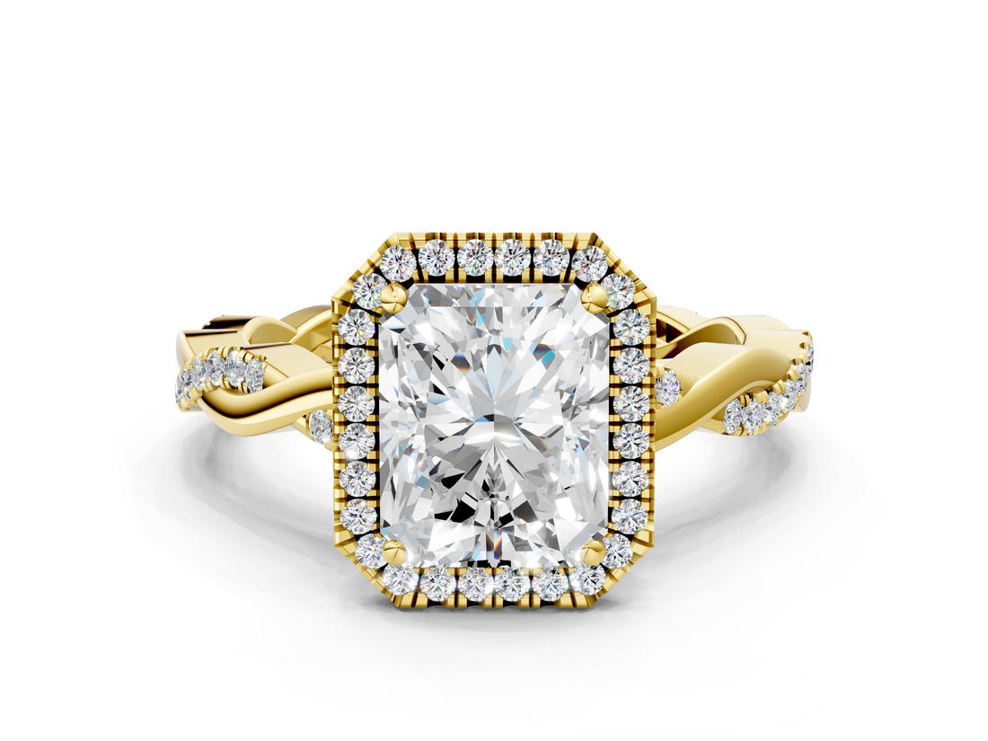 Yellow gold Radiant Cut Halo Twisted Band Four-Prong Ring_33