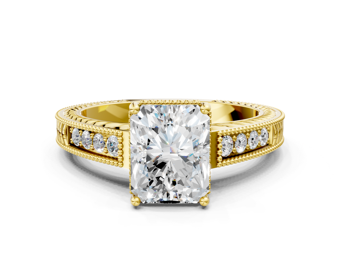Yellow gold Radiant Cut Milgrain Channel Set Engagement Ring with Solitaire Prong Setting_60