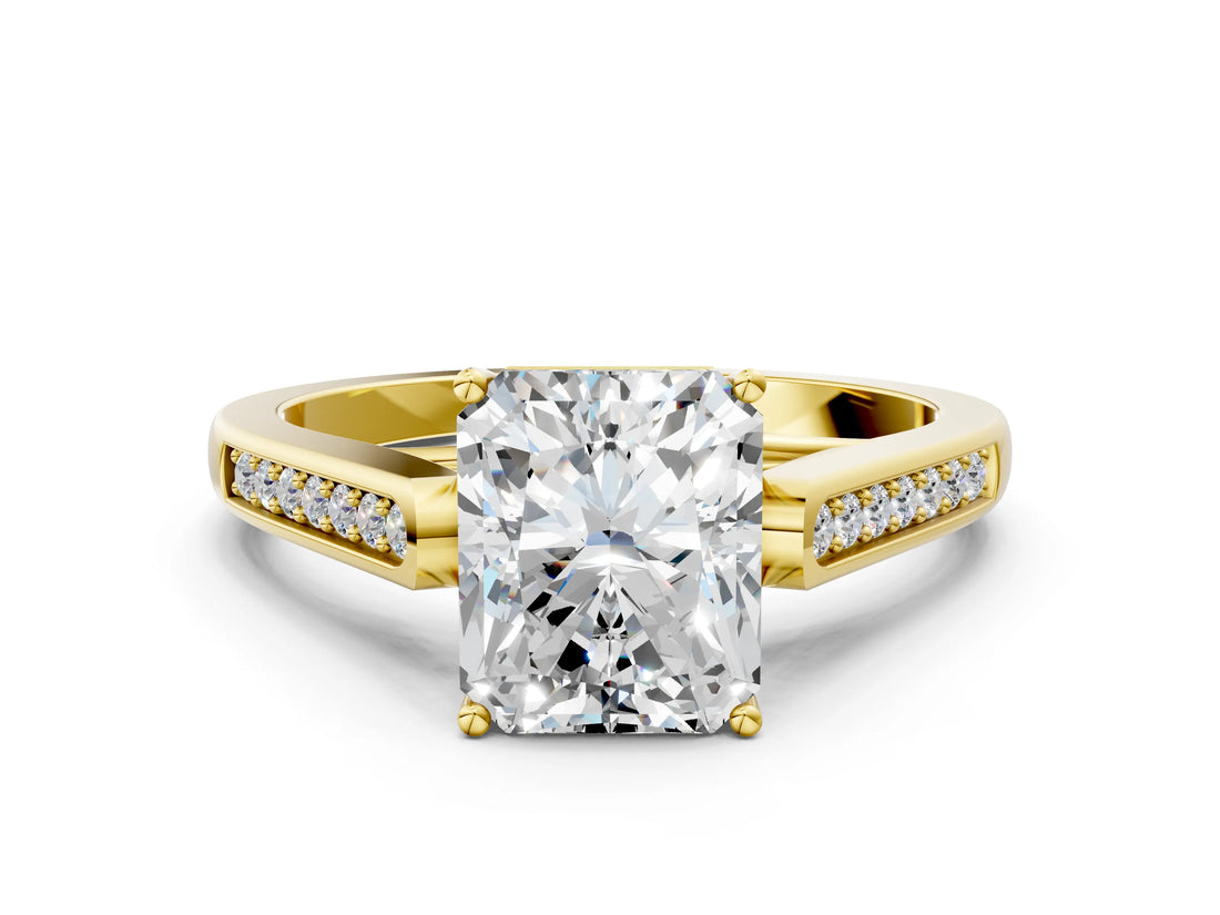 Yellow gold Radiant Cut Solitaire Cathedral Diamond Engagement Ring with Channel-Set Band and Four-Prong Setting_7