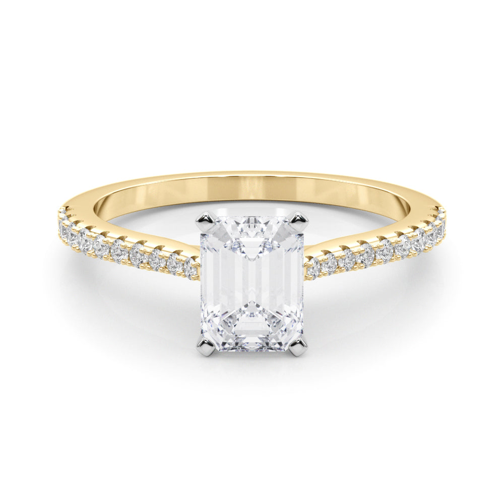 Yellow gold Radiant Cut Solitaire Diamond Engagement Ring with Pave Band and Four-Prong Setting