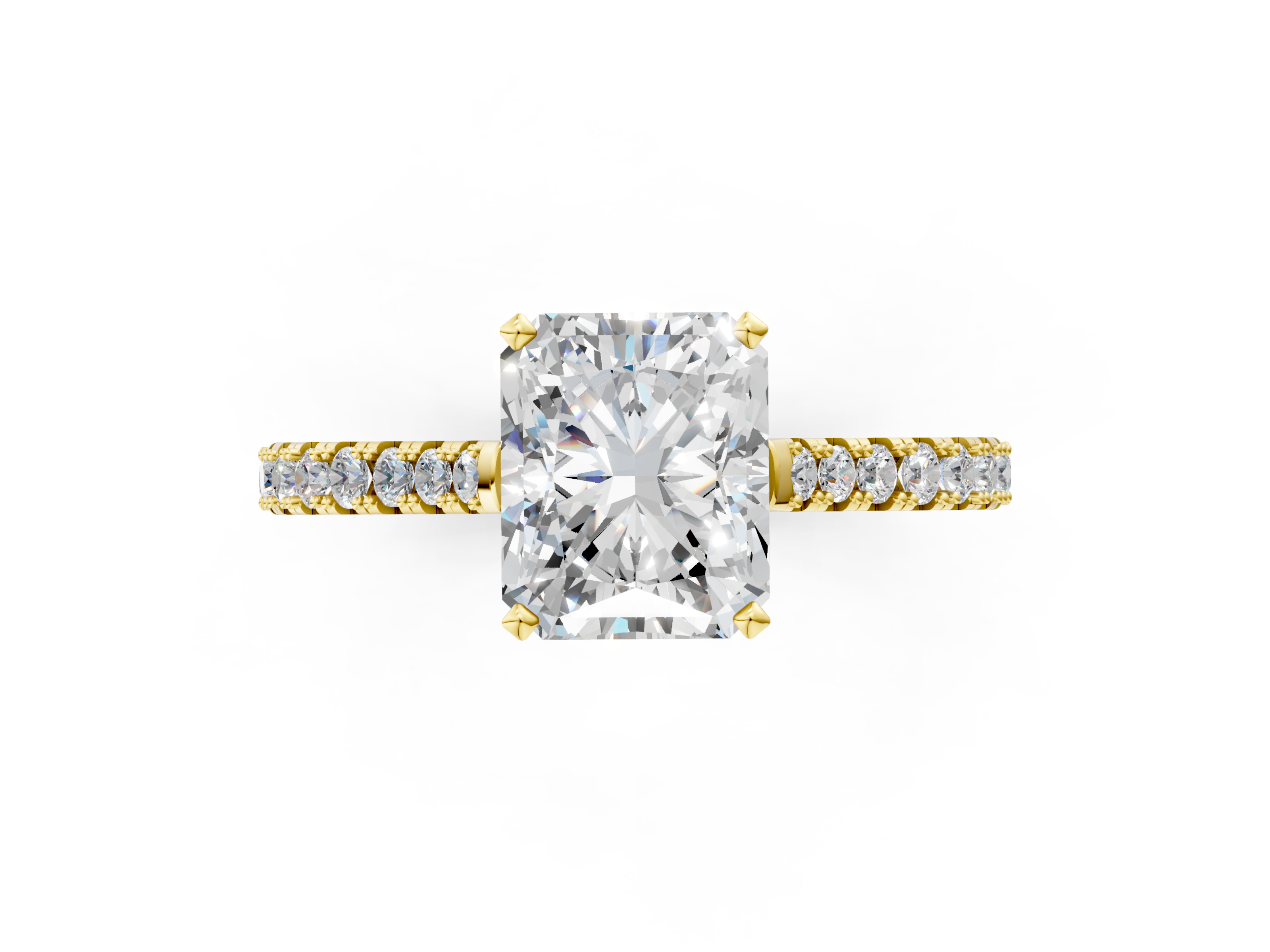 Yellow gold Radiant Cut Solitaire Diamond Engagement Ring with Pave Band and Four-Prong Setting_140