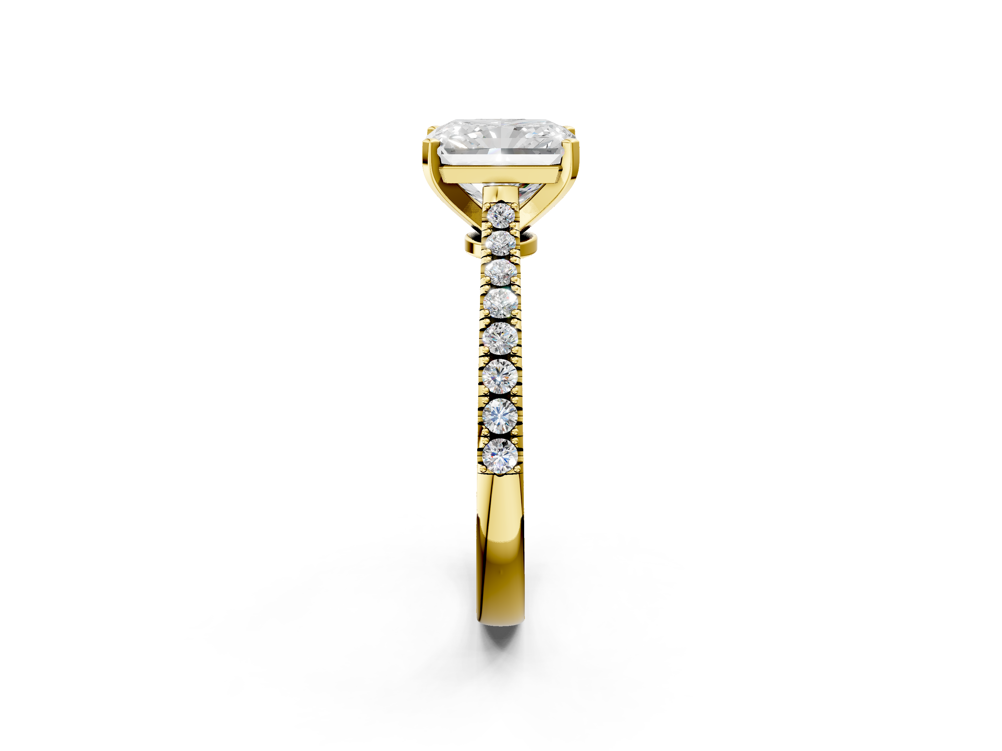 Yellow gold Radiant Cut Solitaire Diamond Engagement Ring with Pave Band and Four-Prong Setting_142