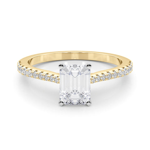 Yellow gold Radiant Cut Solitaire Diamond Engagement Ring with Pave Band and Four-Prong Setting