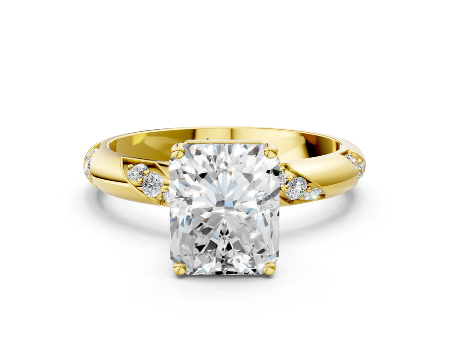 Yellow gold Radiant Cut Solitaire Diamond Engagement Ring with Twisted Pave Band and Four-Prong Setting
