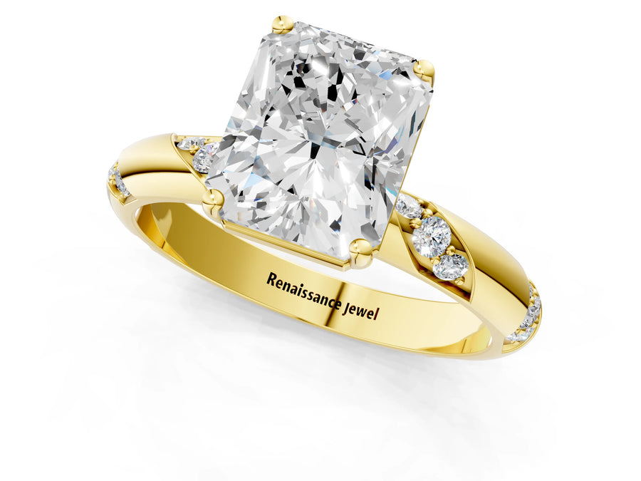Yellow gold Radiant Cut Solitaire Diamond Engagement Ring with Twisted Pave Band and Four-Prong Setting