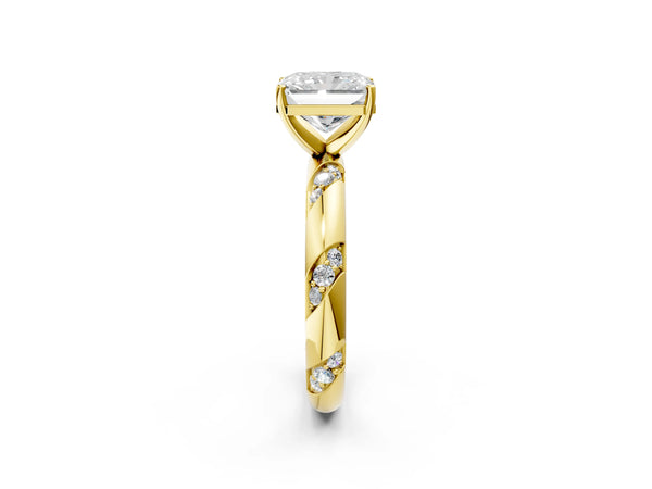 Yellow gold Radiant Cut Solitaire Diamond Engagement Ring with Twisted Pave Band and Four-Prong Setting