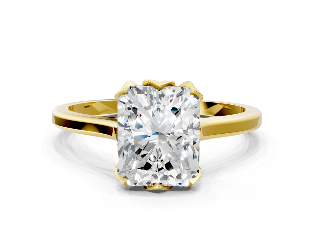 10K Yellow Gold 1.02 Carat E VS1 Radiant Diamond Solitaire Ring with Flower Prong Setting and Classic Band