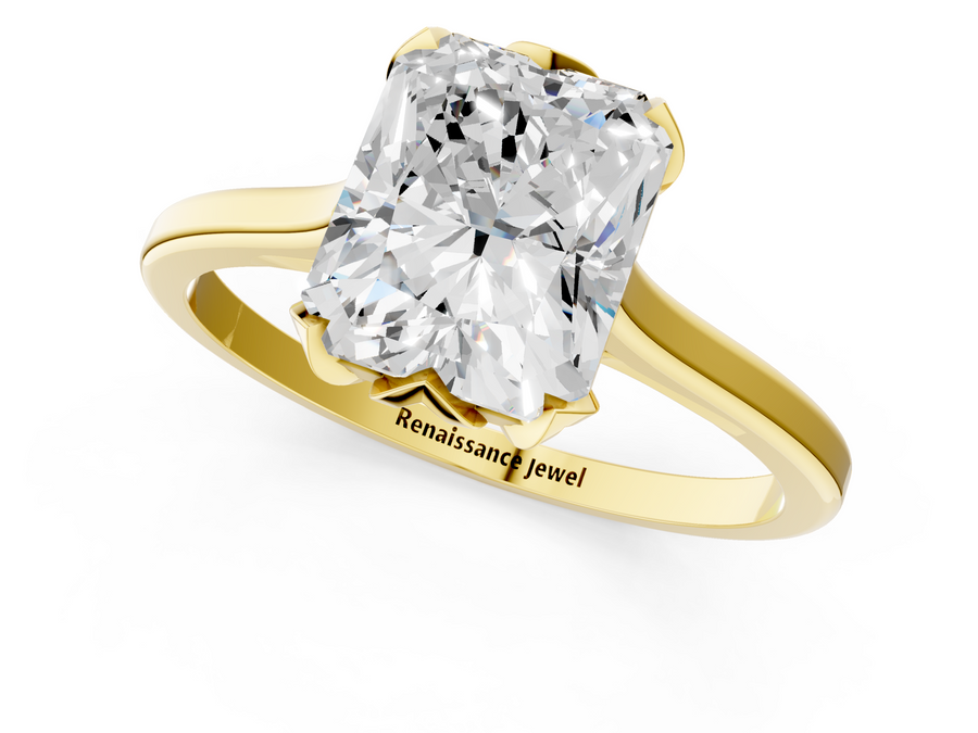 Yellow gold Radiant Cut Solitaire Diamond Ring with Flower-Prong Setting and Classic Band