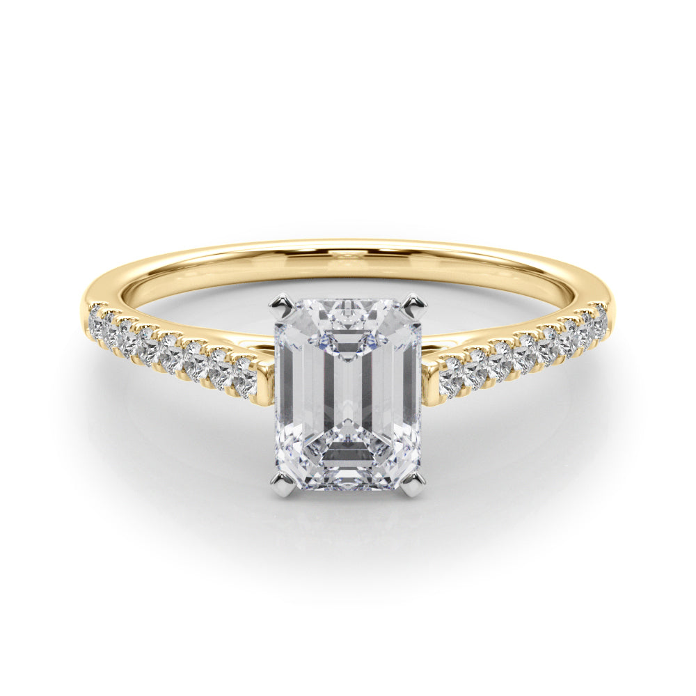 Yellow gold Radiant Cut Solitaire Diamond Ring with Pave Band and Four-Prong Setting