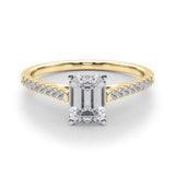 Yellow gold Radiant Cut Solitaire Diamond Ring with Pave Band and Four-Prong Setting