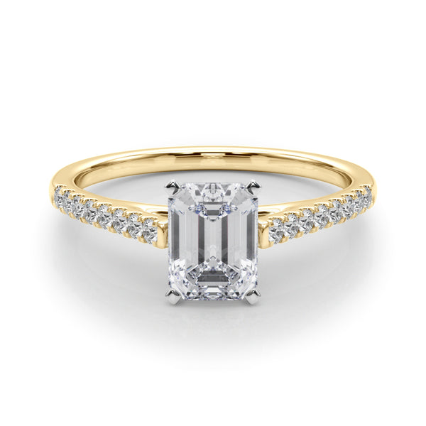 Yellow gold Radiant Cut Solitaire Diamond Ring with Pave Band and Four-Prong Setting