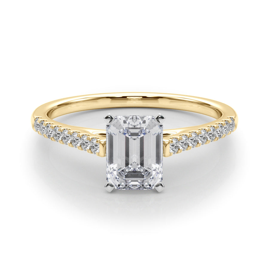 Yellow gold Radiant Cut Solitaire Diamond Ring with Pave Band and Four-Prong Setting