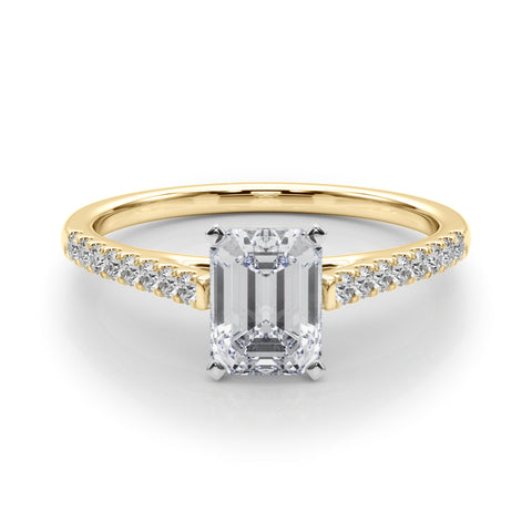 Yellow gold Radiant Cut Solitaire Diamond Ring with Pave Band and Four-Prong Setting