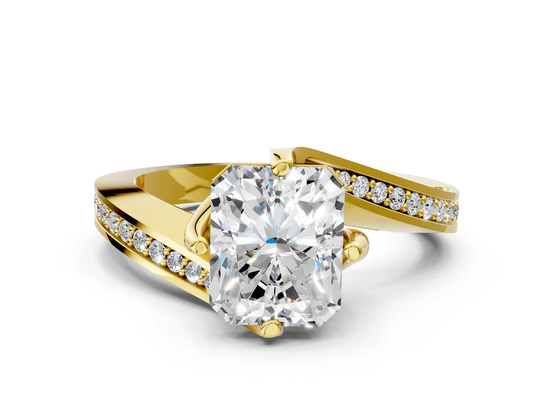 Yellow gold Radiant Cut Solitaire Diamond Twist Band with Pavé Setting and Four-Prong Setting_7