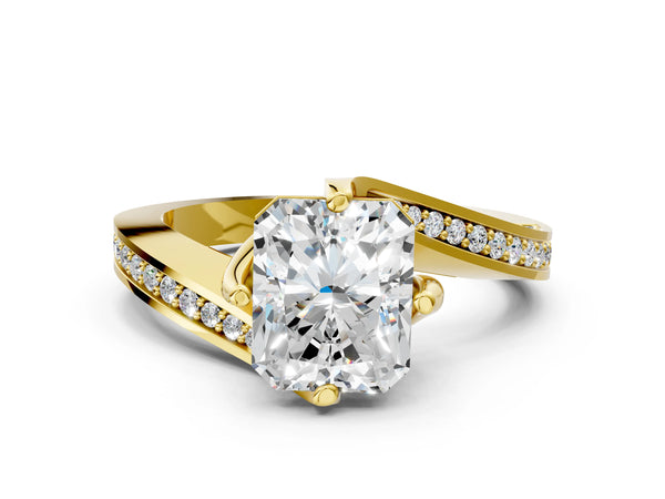 Yellow Gold Radiant Cut Bypass Solitaire Engagement Ring Setting with Swirl Pave Band