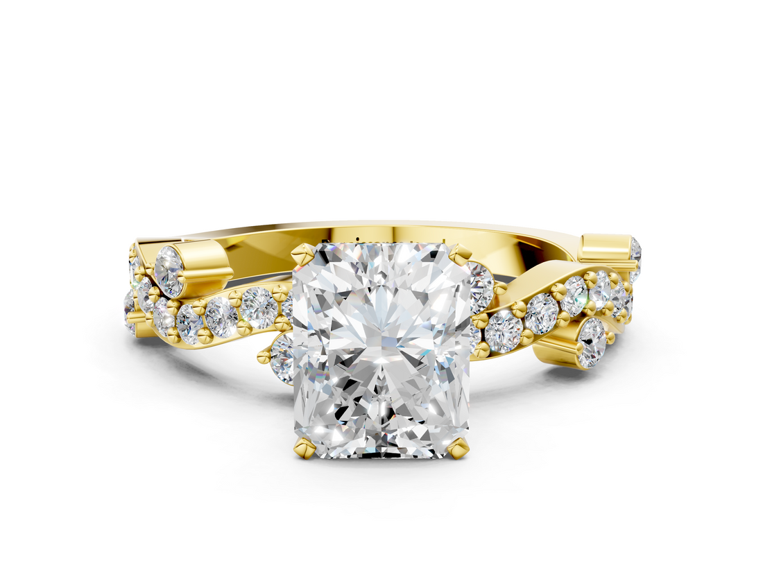 Yellow gold Radiant Cut Solitaire Diamond Twisted Band with Pave Setting_83