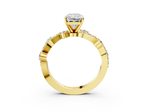 Yellow Gold Radiant Cut Solitaire Engagement Ring Setting with Twisted Pave Band and Bar Stations