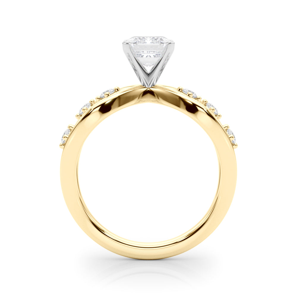 Yellow gold Radiant Cut Solitaire Diamond with Side Stones on Criss-Cross Band and Four-Prong Setting 1