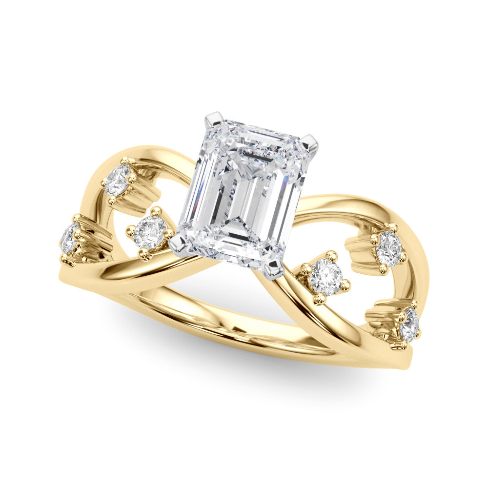 Yellow gold Radiant Cut Solitaire Diamond with Side Stones on Criss-Cross Band and Four-Prong Setting 2