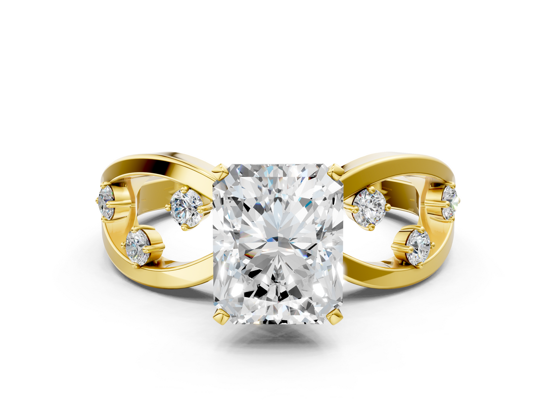 Yellow gold Radiant Cut Solitaire Diamond with Side Stones on Criss-Cross Band and Four-Prong Setting_17