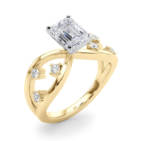 Yellow gold Radiant Cut Solitaire Diamond with Side Stones on Criss-Cross Band and Four-Prong Setting
