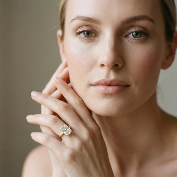 Yellow gold Radiant Cut Solitaire Engagement Ring with Four-Prong Setting and Classic Band