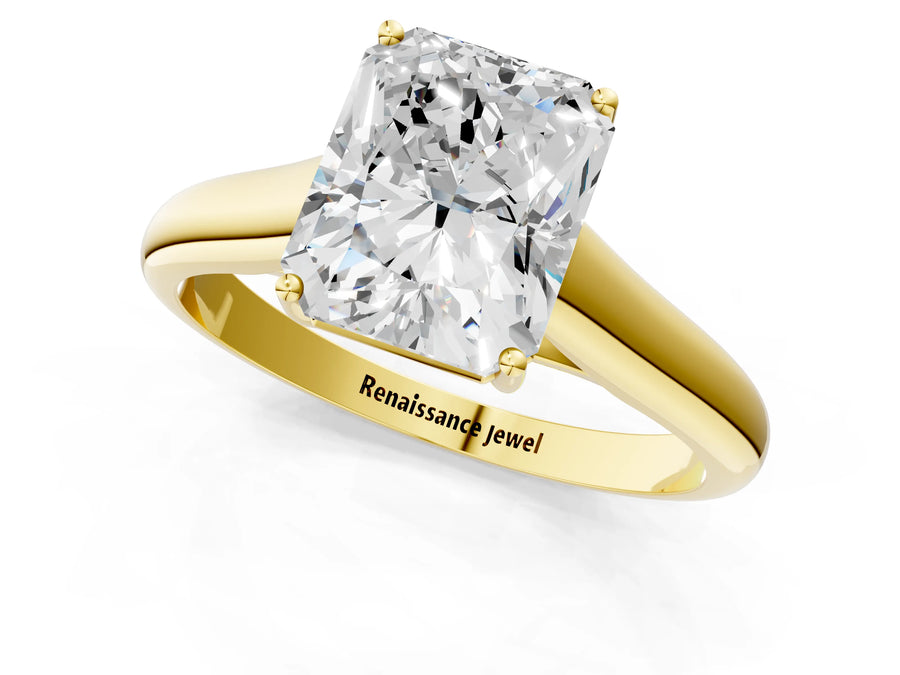 Yellow gold Radiant Cut Solitaire Engagement Ring with Tapered Band and Four-Prong Setting