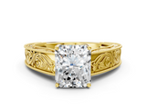 Yellow gold Radiant Cut Solitaire Engraved Band with Four-Prong Setting_93