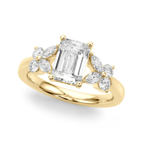 Yellow gold Radiant Cut Solitaire Floral Diamond Ring with Four-Prong Setting 1