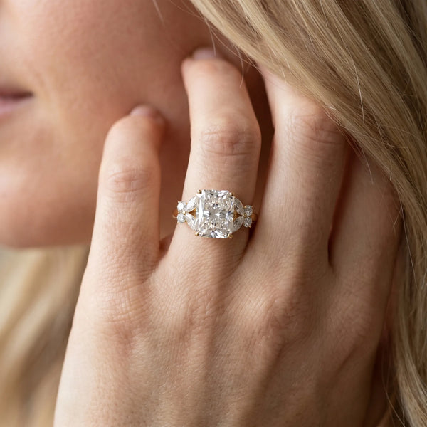 Yellow gold Radiant Cut Solitaire Floral Diamond Ring with Four-Prong Setting