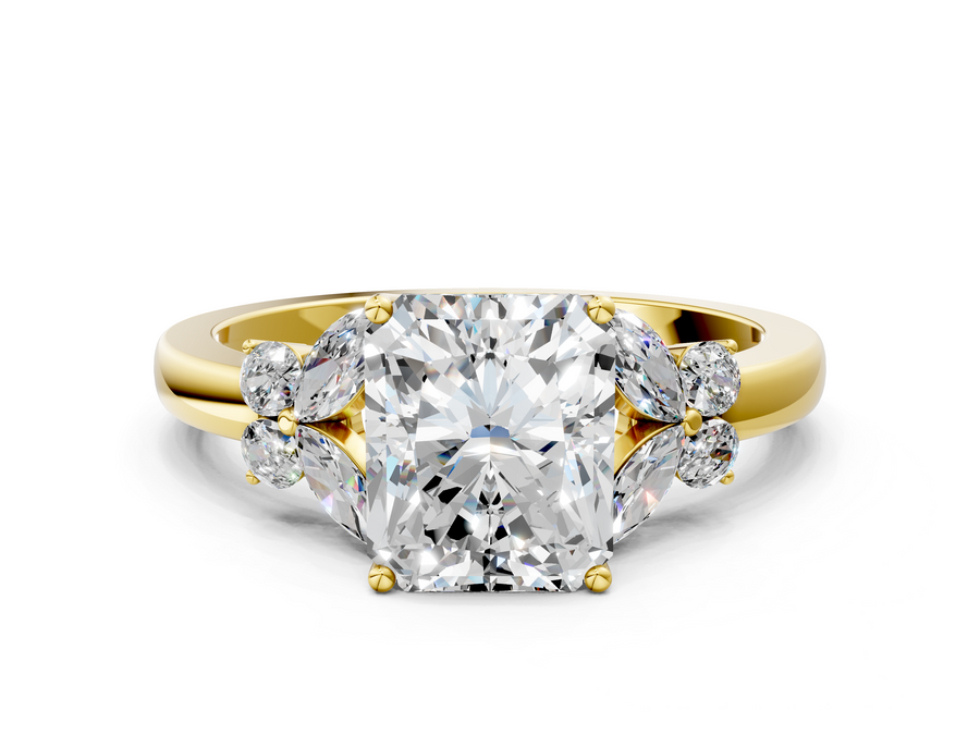 Yellow gold Radiant Cut Solitaire Floral Diamond Ring with Four-Prong Setting