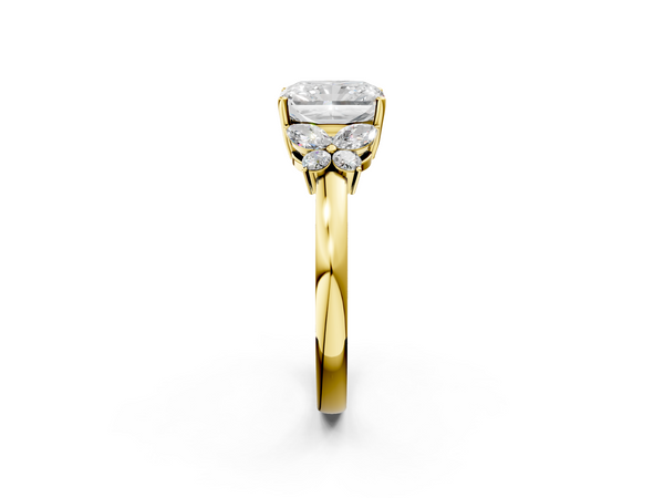 Yellow gold Radiant Cut Solitaire Floral Diamond Ring with Four-Prong Setting