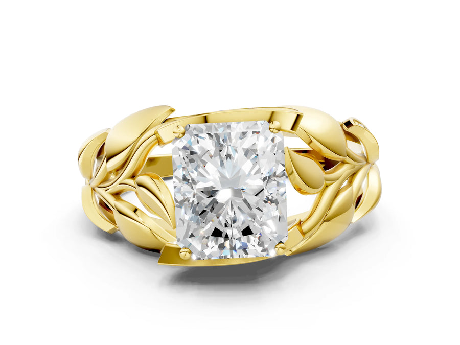 Yellow gold Radiant Cut Solitaire Leaf-Inspired Engagement Ring with Prong Setting