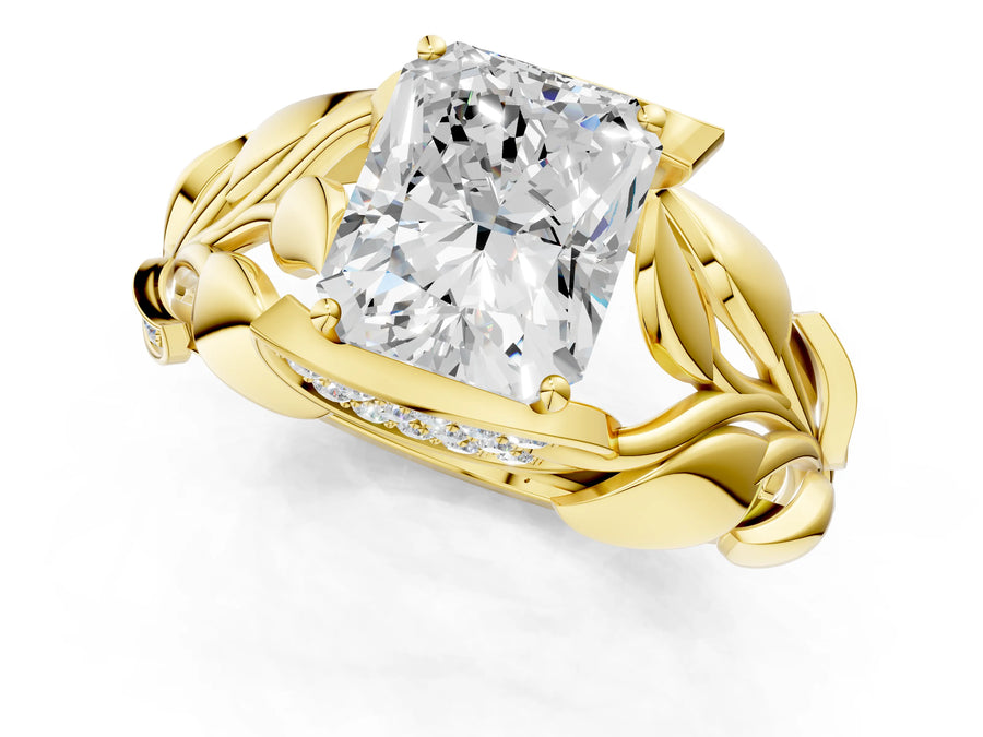 Yellow gold Radiant Cut Solitaire Leaf-Inspired Engagement Ring with Prong Setting