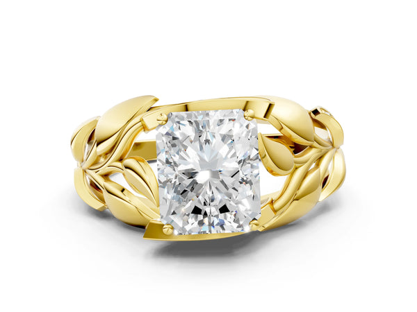 Yellow gold Radiant Cut Solitaire Leaf-Inspired Engagement Ring with Prong Setting
