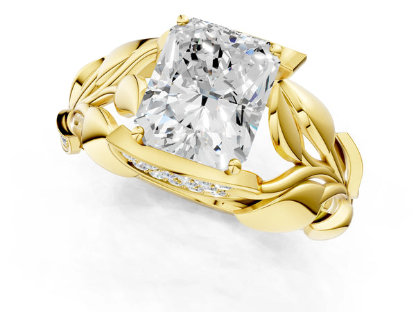 Yellow gold Radiant Cut Solitaire Leaf-Inspired Engagement Ring with Prong Setting