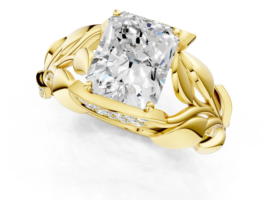 Yellow gold Radiant Cut Solitaire Leaf-Inspired Engagement Ring with Prong Setting