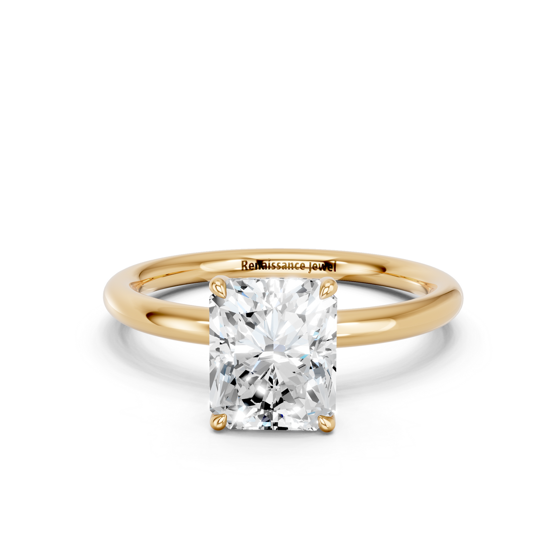 14K Yellow Gold 3.03 Carat D VVS1 Radiant Cut Solitaire Ring with Thin Band and Four-Prong Setting