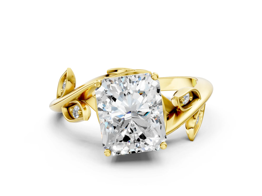 Yellow gold Radiant Cut Solitaire Twist Engagement Ring with Leaf Accents and Prong Setting_15
