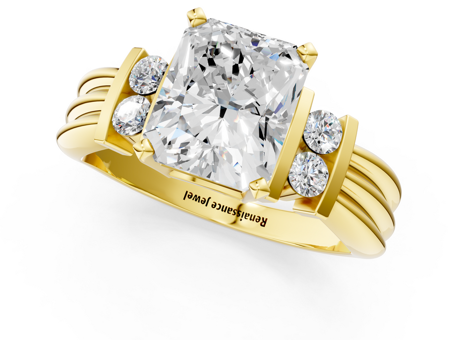Yellow gold Radiant Cut Three-Stone Channel Set Ring with Bar Prongs
